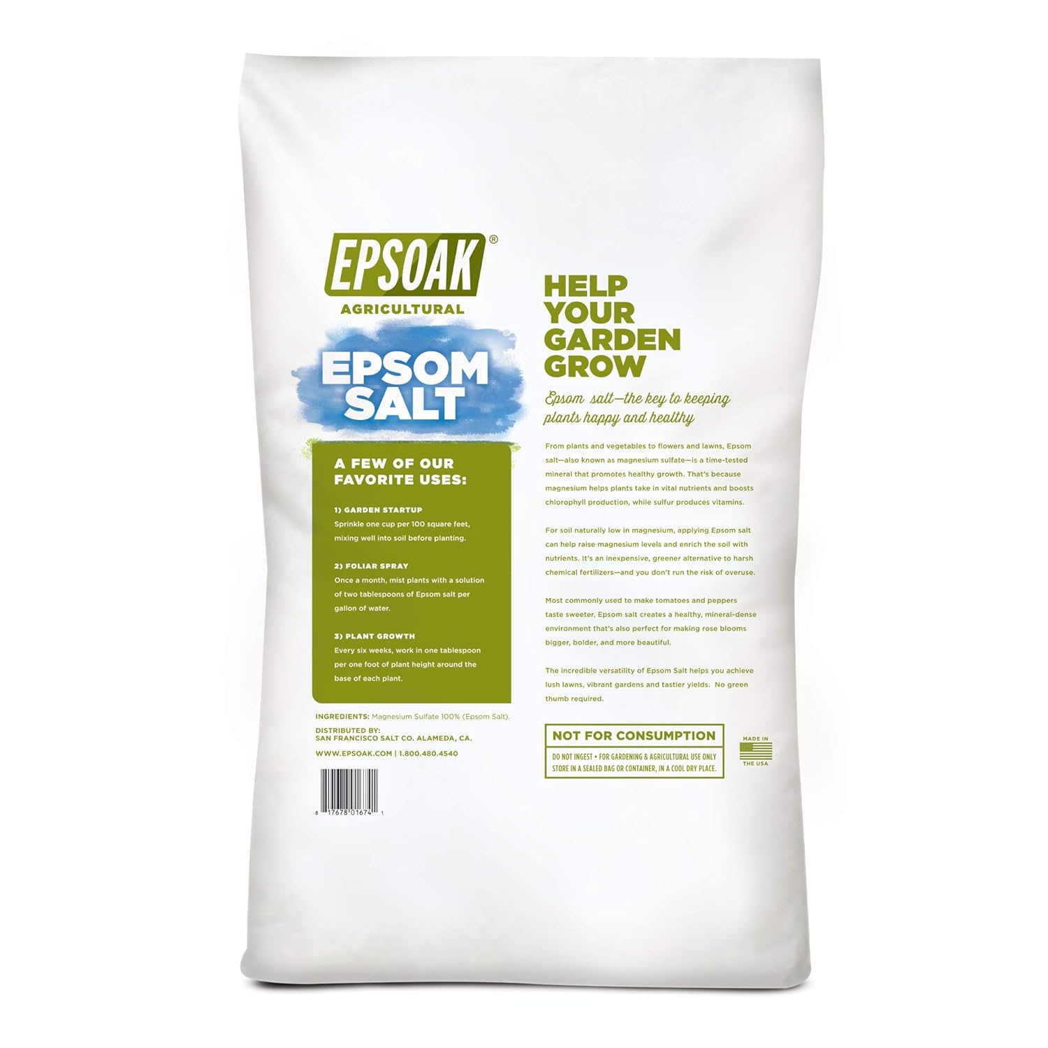 Epsoak Epsom Salt - 18 lb. Resealable Bulk Bag Agricultural Grade Epsom Salt for Gardening and Lawn Care - Back of Bag
