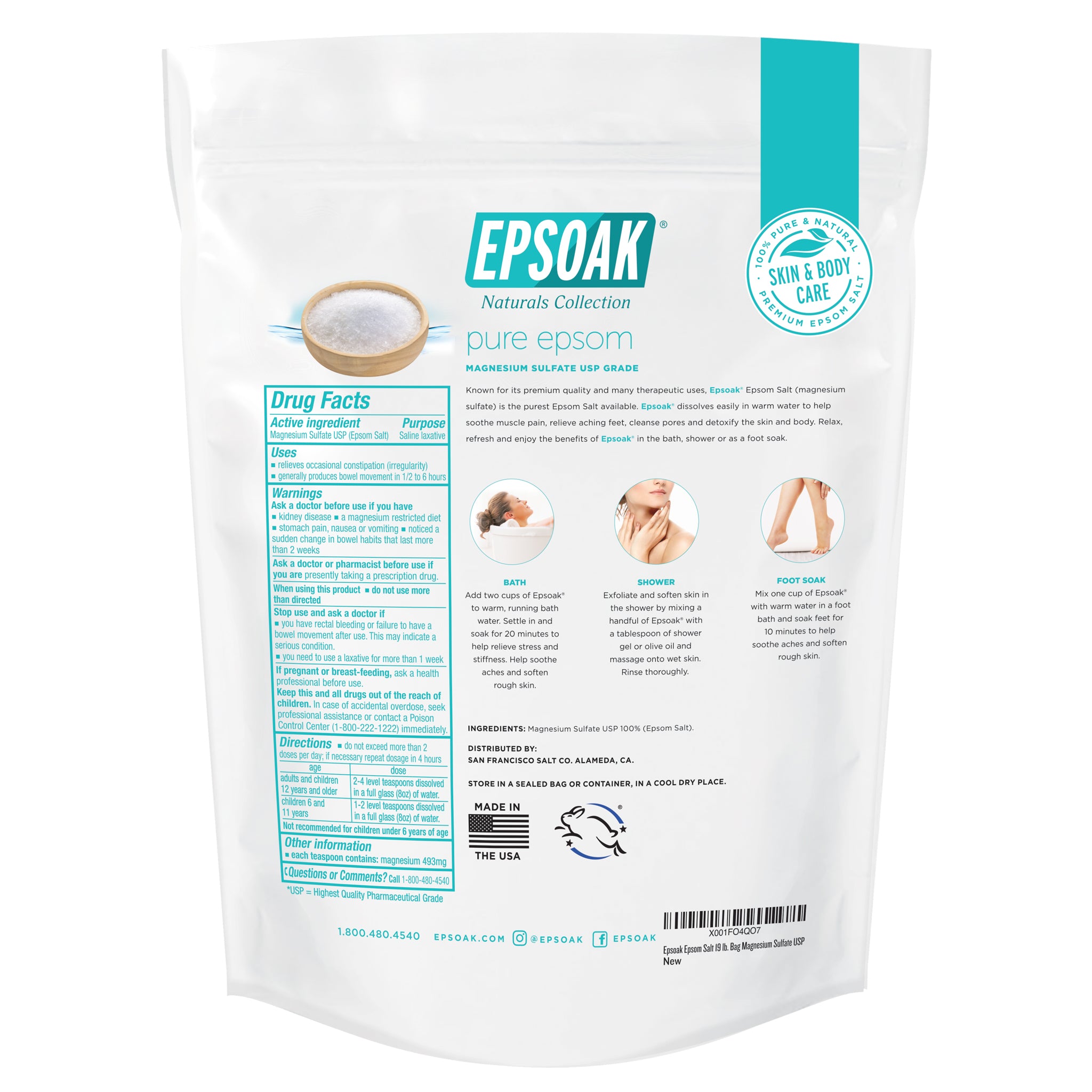 19 pound bag of pure USP grade epsoak epsom salt by san francisco salt company